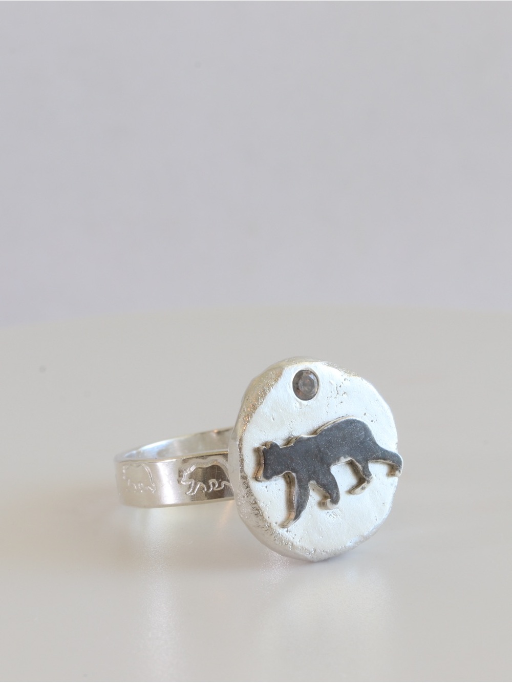Handmade Silver Bear Ring with Clear CZ โ Just Shy of Size 6
